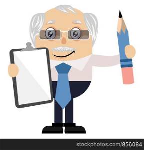 Old man with paper and pen, illustration, vector on white background.