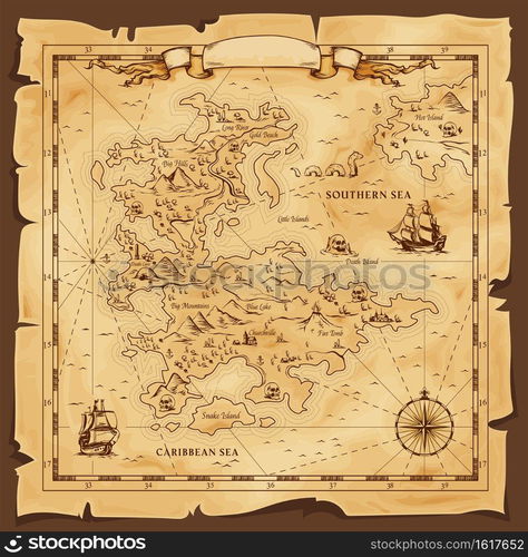 Old map, vector worn parchment with caribbean and southern sea, ships, islands and land, wind rose and cardinal points. Fantasy world, vintage grunge paper pirate map with travel locations and monster. Old map, vector worn parchment with caribbean sea