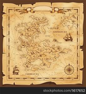 Old map, vector worn parchment with caribbean and southern sea, ships, islands and land, wind rose and cardinal points. Fantasy world, vintage grunge paper pirate map with travel locations and monster. Old map, vector worn parchment with caribbean sea