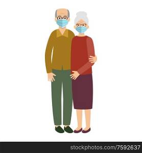 Old married couple wearing protective Medical mask. Grandmother, Grandfather. Epidemic. Virus. Vector flat illustration.