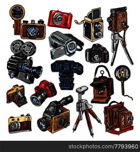 Old mechanical film and automatic modern digital reflex cameras icons collection abstract color doodle sketch vector illustration. Camera doodle sketch icons set