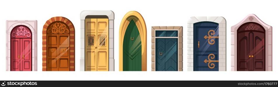 Old medieval doors in stone arch for building facade. Vector cartoon set of entrance in vintage house, castle, gothic church or temple. Colored wooden doors isolated on white background. Medieval doors in stone arch for building facade