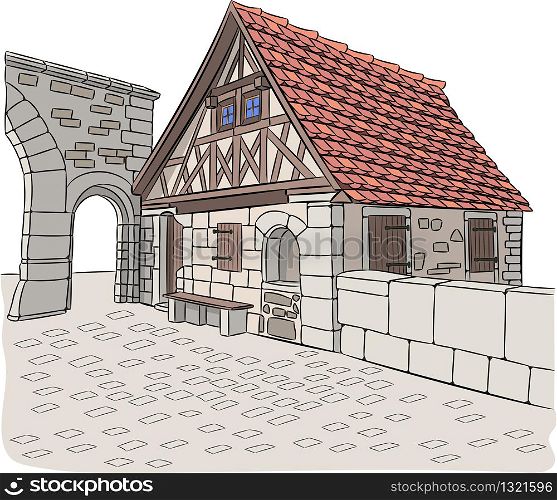Old medieval gatehouse near the fortress wall. Rothenburg ob der Tauber. Germany. Bavaria. Stone gatehouse in Rothenburg ob der Tauber.