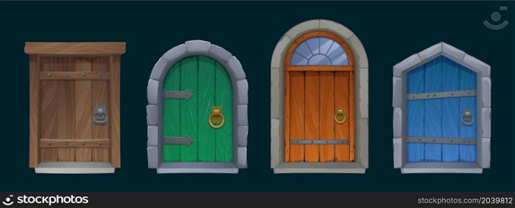Old medieval wooden doors with handle, stone arch and step. Vector cartoon set of entrance in vintage house, castle or temple. Colored ancient doors from wood planks isolated on black background. Old medieval wooden doors with stone arch