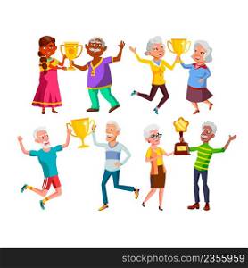 Old Men And Women Holding Trophy Cup Set Vector. Elderly People Grandfather And Grandmother Hold Golden Trophy Cup Won In Competition. Characters Senior With Reward Flat Cartoon Illustrations. Old Men And Women Holding Trophy Cup Set Vector