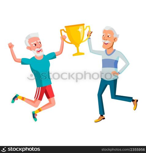Old Men Holding Golden Cup Award Together Vector. Asian And Caucasian Elderly Athletic Grandfathers Holding Trophy Reward Mug Won In Sport Competition. Characters Flat Cartoon Illustration. Old Men Holding Golden Cup Award Together Vector