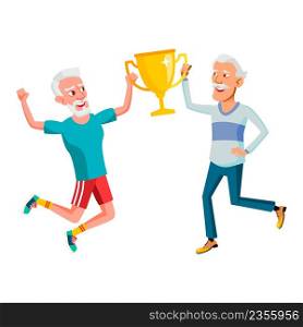 Old Men Holding Golden Cup Award Together Vector. Asian And Caucasian Elderly Athletic Grandfathers Holding Trophy Reward Mug Won In Sport Competition. Characters Flat Cartoon Illustration. Old Men Holding Golden Cup Award Together Vector
