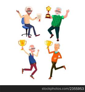 Old Men Holding Trophy Cup Together Set Vector. Elderly Person Hold Golden Trophy Cup, Certificate And Award In Star Shape Won In Competition. Characters Senior With Reward Flat Cartoon Illustrations. Old Men Holding Trophy Cup Together Set Vector