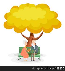 Old men on the bench. Elderly couple on a park bench under the yellow autumn tree. &#xA;Illustration of a happy marriage. Harmony in old age. Stock vector illustration