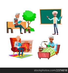 Old Men Reading Book Relaxation Time Set Vector. Grandfather Reading Book In Living Room Near Fireplace And In Bedroom, In Classroom And In Park. Characters Flat Cartoon Illustrations. Old Men Reading Book Relaxation Time Set Vector