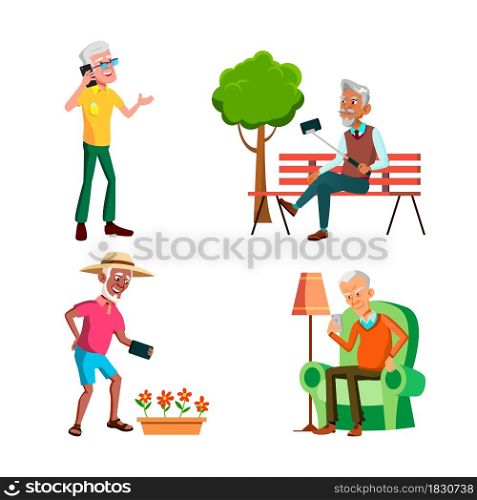 Old Men Using Phone For Communication Set Vector. Elderly Guy Talking On Cellphone And Reading Sms, Make Selfie In Park And Photographing Flowers On Phone Camera. Characters Flat Cartoon Illustrations. Old Men Using Phone For Communication Set Vector