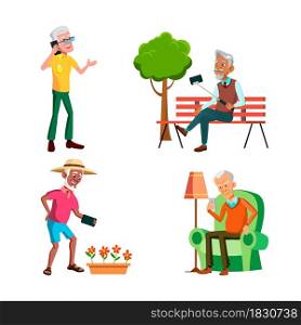 Old Men Using Phone For Communication Set Vector. Elderly Guy Talking On Cellphone And Reading Sms, Make Selfie In Park And Photographing Flowers On Phone Camera. Characters Flat Cartoon Illustrations. Old Men Using Phone For Communication Set Vector