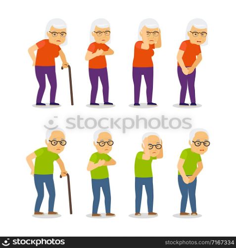 Old mens and womens disease vector illustration. People senior woman and man, patient illness. Old mens and womens disease vector illustration