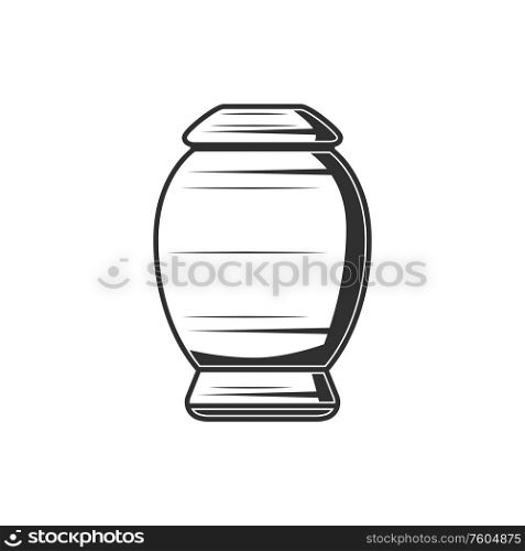 Old metal vase with burnt dead human ash isolated monochrome casket. Vector cremation urn. Funeral vase with cover isolated cremation urn