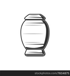 Old metal vase with burnt dead human ash isolated monochrome casket. Vector cremation urn. Funeral vase with cover isolated cremation urn
