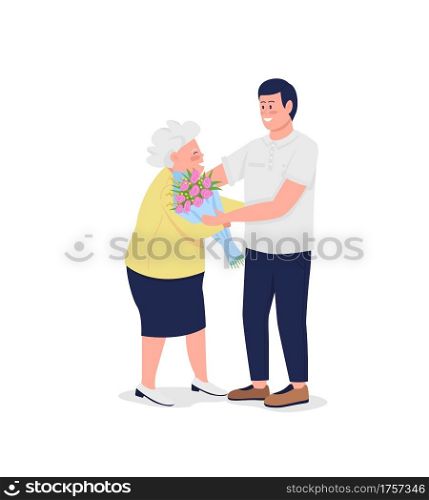 Old mother with adult son flat color vector detailed characters. Grandson giving flower bouquet to grandmother. Mothers day isolated cartoon illustration for web graphic design and animation. Old mother with adult son flat color vector detailed character