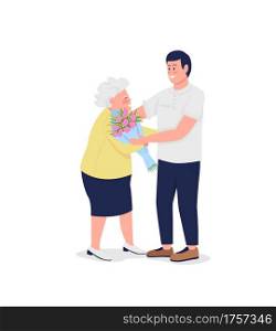 Old mother with adult son flat color vector detailed characters. Grandson giving flower bouquet to grandmother. Mothers day isolated cartoon illustration for web graphic design and animation. Old mother with adult son flat color vector detailed character