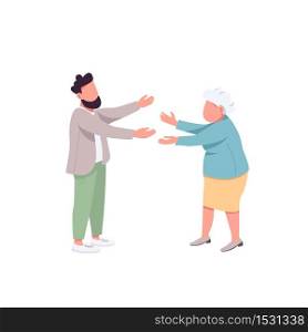 Old mother with adult son flat color vector faceless characters. Grandmother with grandson. Relatives want to hug. Happy family isolated cartoon illustration for web graphic design and animation. Old mother with adult son flat color vector faceless characters