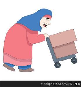 old Muslim grandmother being a delivery courier for shopping packages. vector design illustration art