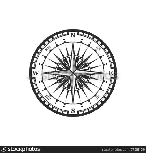 Old navigation compass heraldic icon. Vector Winds Rose symbol of nautical compass of marine and seafarer journey, ship sail navigator with direction arrow pointers to East, West or North and South. Rose of winds nautical compass navigator