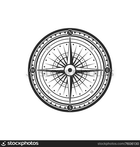 Old navigation compass heraldic icon. Vector Winds Rose symbol of nautical compass of marine and seafarer journey, ship sail navigator with direction arrow pointers to East, West or North and South. Rose of winds nautical compass navigator
