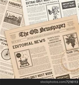 Old newspaper pages with coffee ring stain on editorial news realistic vintage composition background poster vector illustration. Realistic Vintage papers Background