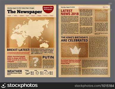 Old newspaper. Vintage antique paper of magazine pages with editing text and images template vector layout. Newspaper antique with text page illustration. Old newspaper. Vintage antique paper of magazine pages with editing text and images template vector layout