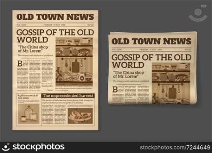 Old newspaper. Vintage magazine front page mockup. Two realistic monochrome pages templates, historical sepia sheet of journal, daily news and advertising vector retro concept. Old newspaper. Vintage magazine front page mockup. Two realistic pages templates, historical sepia sheet of journal, daily news vector retro concept