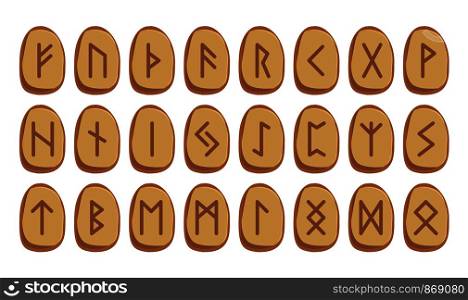 Old Norse Scandinavian runes set. Runic alphabet, futhark. Stones. Icelandic, German and Anglo-Saxon vector symbols. Sign, icon. Fehu, Raidu, Wunju, Hagalaz, Naudiz, Berkana, Ehwaz, Mannaz, Laguz