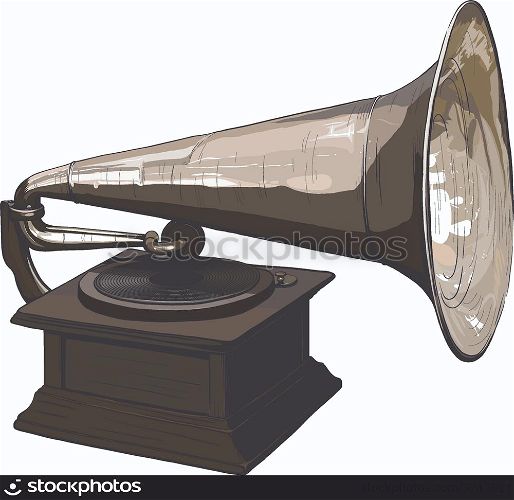 Old, obsolete gramophone with vinyl disk isolated on white background