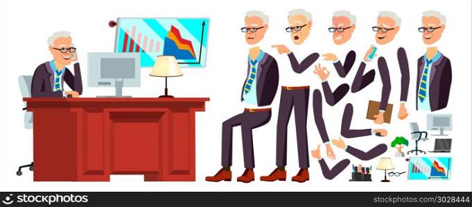 Old Office Worker Vector. Face Emotions, Various Gestures. Animation. Businessman Human. Modern Cabinet Employee, Workman, Laborer. Isolated Flat Cartoon Character Illustration. Old Office Worker Vector. Face Emotions, Various Gestures. Animation. Businessman Human. Modern Cabinet Employee, Workman, Laborer. Isolated Cartoon Character Illustration