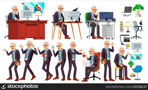 Old Office Worker Vector. Face Emotions, Various Gestures. Business Man. Professional Cabinet Workman, Officer, Clerk. Isolated Cartoon Character Illustration. Old Office Worker Vector. Face Emotions, Various Gestures. Business Worker. Career. Professional Workman, Officer, Clerk Flat Cartoon Illustration