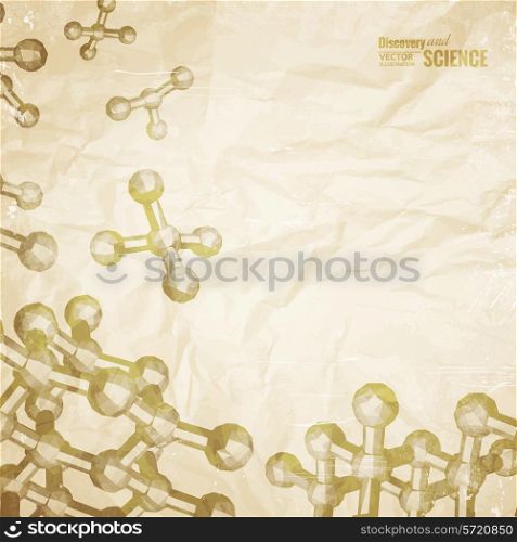 Old paper with atom and molecule pencil image on the corner. Vector illustration.