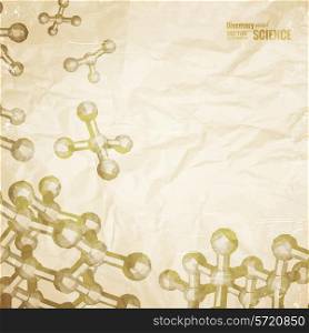 Old paper with atom and molecule pencil image on the corner. Vector illustration.