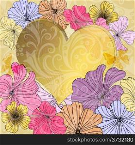 Old paper with gold heart and colorful flowers and translucent vintage pattern (vector EPS 10)