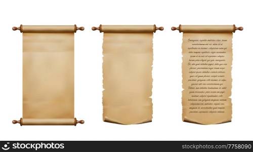Old parchment paper scroll and ancient papyrus manuscript. Realistic antique vector rolls of rough paper with torn edges,. Certificate, treasure map or document, letter, message or diploma. Old parchment paper scroll and papyrus manuscript