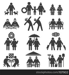 Old people active lifestyle. Old people active lifestyle. Elderly couple leisure, retired sports and tourism, grandchildren and health signs, vector icons set