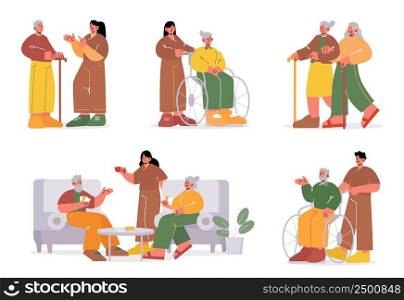 Old people and care workers in nursing home. Vector cartoon illustration of nurse help elder person in wheelchair, talk with senior adult man with walking cane. Old people and care workers in nursing home
