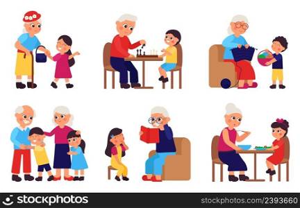 Old people and kids. Grandparent and grandchild, kids visit grandma. Cartoon girl support old woman. Elderly and young persons together decent vector set. Illustration of grandchild and grandparent. Old people and kids. Grandparent and grandchild, kids visit grandma. Cartoon girl support old woman. Elderly and young persons together decent vector set