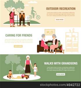 Old People Banners. Horizontal old people spending time with grandson friends and walking flat isolated vector illustration