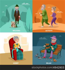 Old People Cartoon Concept . Old people cartoon concept with different activities and recreation at mature age vector illustration