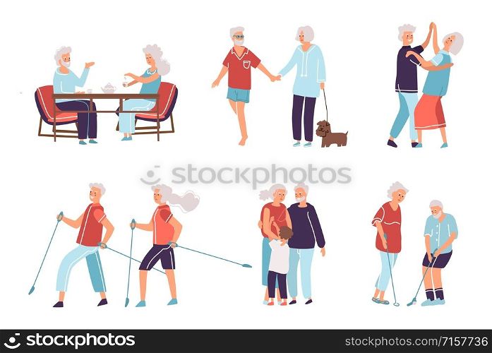 Old people. Cartoon hand drawn elderly persons and couples, grandparents in different activities. Flat style vector happy senior age people, male and female exercise in older age. Old people. Cartoon hand drawn elderly persons and couples, grandparents in different activities. Vector happy senior age people