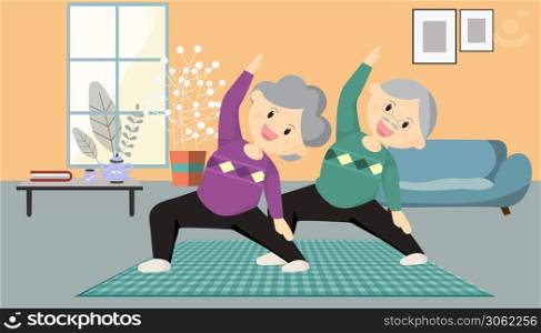 Old people, elderly citizens play yoga doing meditation with exercises in a quiet room at home. An awareness campaign for coronavirus prevention. Avoid to the Outside house., Fight Against Covid-19