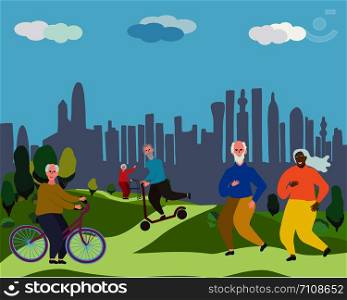 Old people exercising in park. Elderly adults lifestyle concept. Flat cartoon style. Vector illustration.. Old people activities in park.