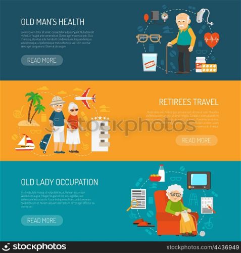 Old People flat Horizontal Banners Set. Old people daily life and health issues 3 flat horizontal banners webpage design abstract isolated vector illustration