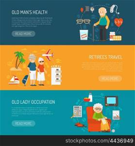 Old People flat Horizontal Banners Set. Old people daily life and health issues 3 flat horizontal banners webpage design abstract isolated vector illustration