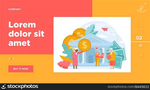 Old people getting pension payment. Senior man and woman with money and credit card standing near bank flat vector illustration. Finance, saving concept for banner, website design or landing web page