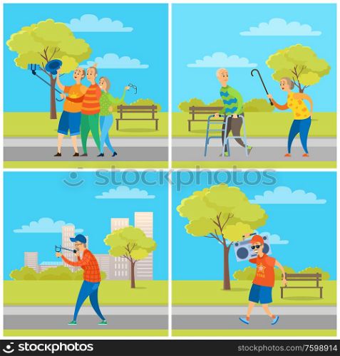 Old people having fun in city park vector, elderly friends taking selfie on smartphone holding phone with help of wooden walking stick, male with slingshot. People in City Park, Elderly Man and Woman Set