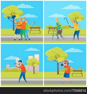 Old people having fun in city park vector, elderly friends taking selfie on smartphone holding phone with help of wooden walking stick, male with slingshot. People in City Park, Elderly Man and Woman Set