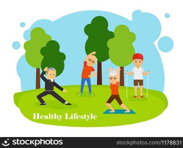 Old people healthy lifestyle vector concept. Grandparents make gym in the park, vector illustration. Old people healthy lifestyle